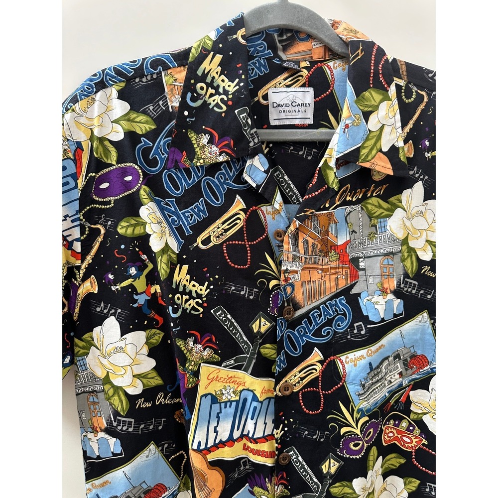 David Carey New Orleans Camp Shirt Black Button Up Collared Short Sleeve Mens M - Picture 12 of 15